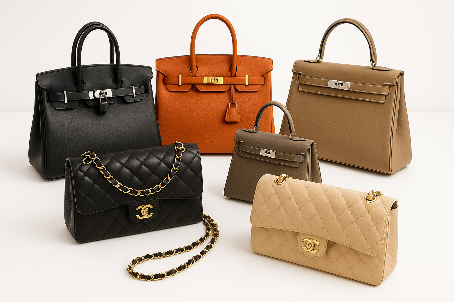 designer handbags clean background - Chanel and Hermes Birkin and Kelly bags